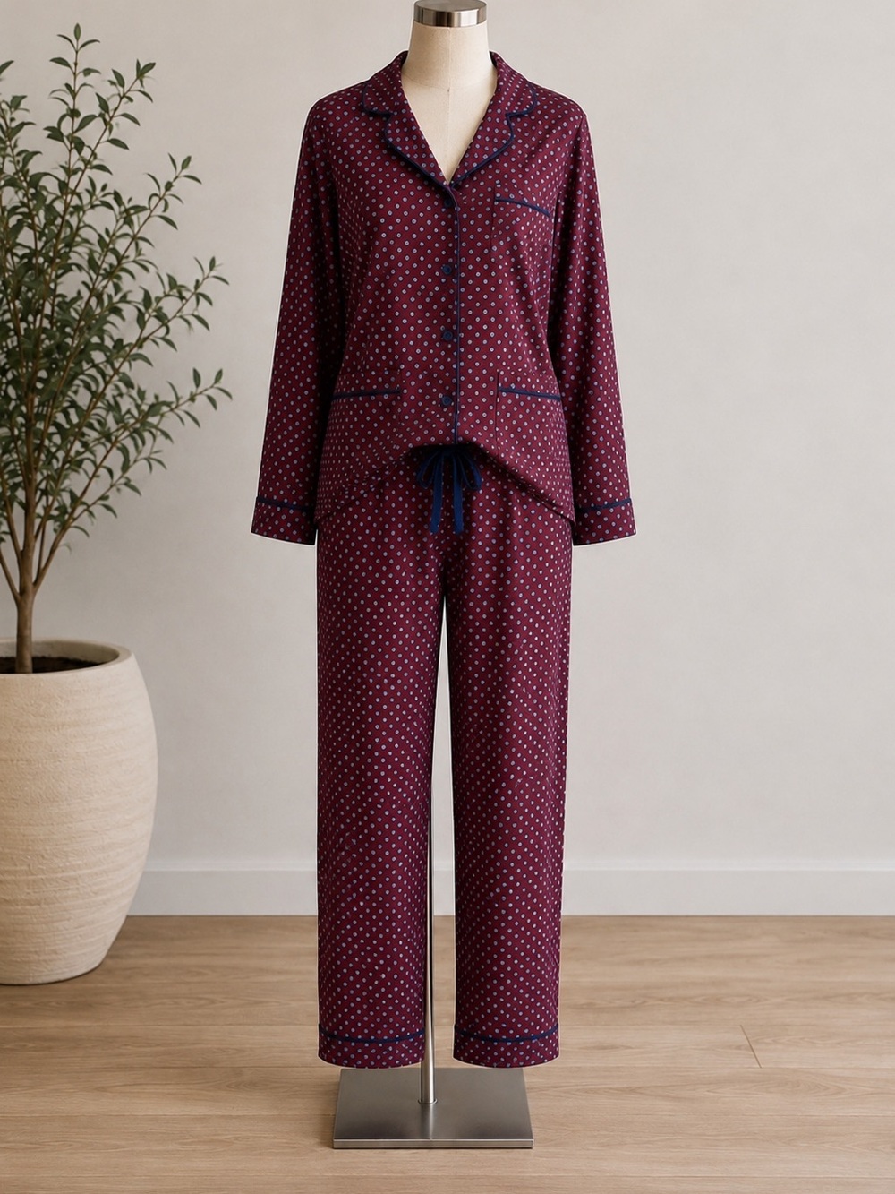 Men’s Burgundy Dot Pajama Set - Classic Long Sleeve Lounge Set